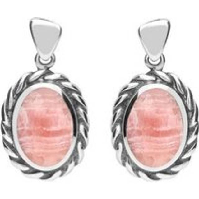 Sterling Silver Rhodochrosite Oval Rope Edge Earrings - Silver