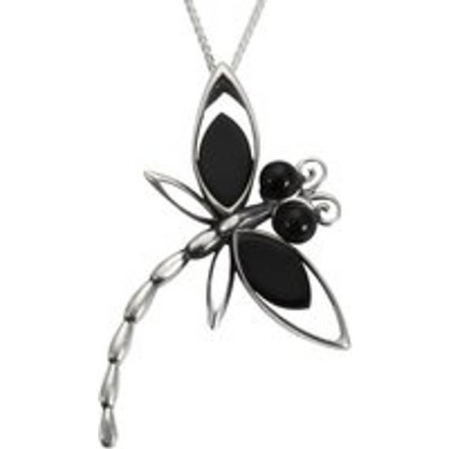 Sterling Silver Whitby Jet Large Dragonfly Necklace - Silver