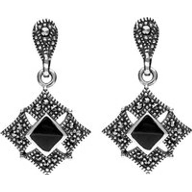 Sterling Silver Whitby Jet Marcasite Square Drop Stud Earrings - Silver