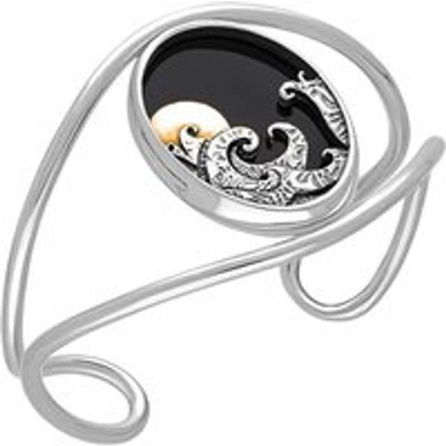 Sterling Silver and Yellow Gold Plated Whitby Jet Moon and Wave Cuff Bangle - Option1 Value Silver