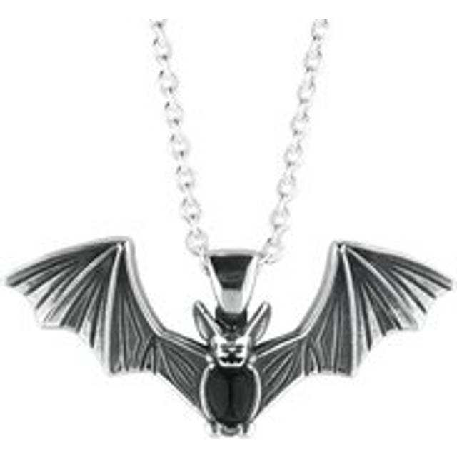 Sterling Silver Whitby Jet Gothic Oval Belly Bat Necklace - Silver