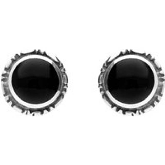 Sterling Silver Whitby Jet Small Circle Rope Edge Stud Earrings - Silver