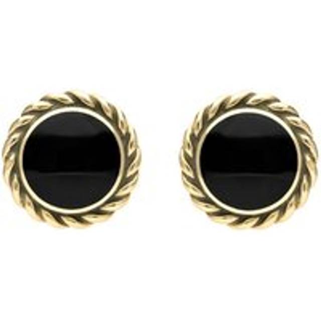 9ct Yellow Gold Whitby Jet Large Rope Edge Round Stud Earrings - Yellow Gold