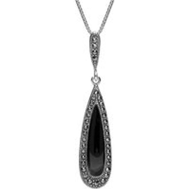 Sterling Silver Whitby Jet Marcasite Pear Drop Necklace