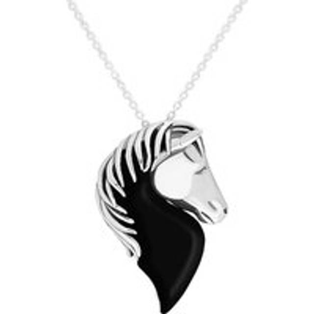 Sterling Silver Whitby Jet Large Horse Head Necklace - Option1 Value Silver