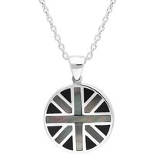 Sterling Silver Whitby Jet Mother Of Pearl Small Round Double Sided Union Jack Pendant