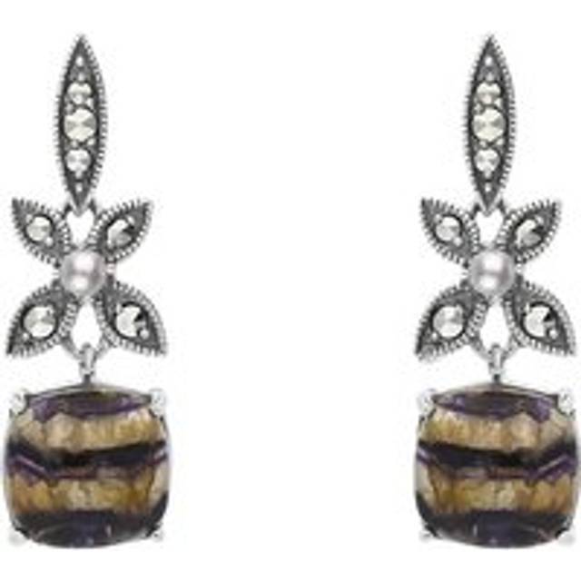 Sterling Silver Blue John Marcasite Pearl Flower Top Drop Earrings - Silver