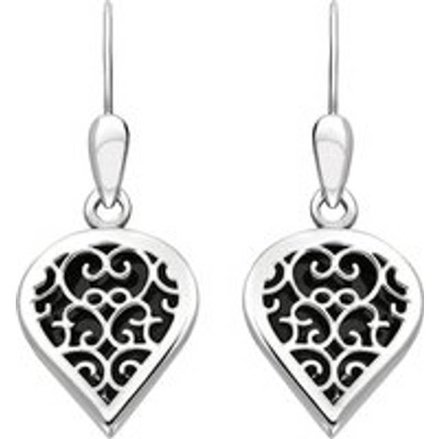 Sterling Silver Whitby Jet Flore Filigree Heart Drop Earrings
