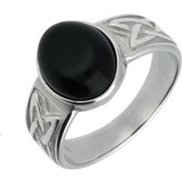 Sterling Silver Whitby Jet Oval Celtic Wide Band Ring - Silver
