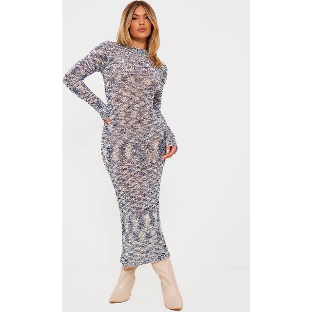 Blue Confetti Knit Long Sleeve Maxi Dress, Blue - XS