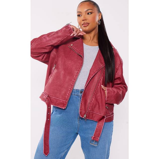 Plus Cherry Red Vintage Faux Leather Oversized Zip Up Biker Jacket, Cherry Red - 28