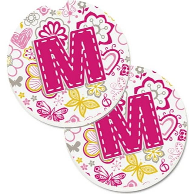 """""Caroline's Treasures Letter M Flowers & Butterflies pink Set of 2 Cup Holder Car Coasters CJ2005-MCARC  2.56  Multicolor"""""