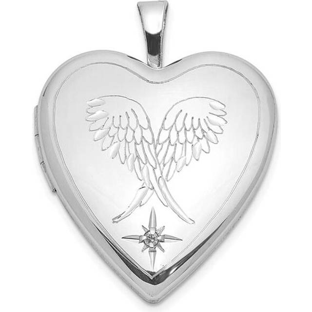 Finest Gold Sterling Silver Rhodium-Plated Diamond Wings 20 mm Heart Locket Pendant