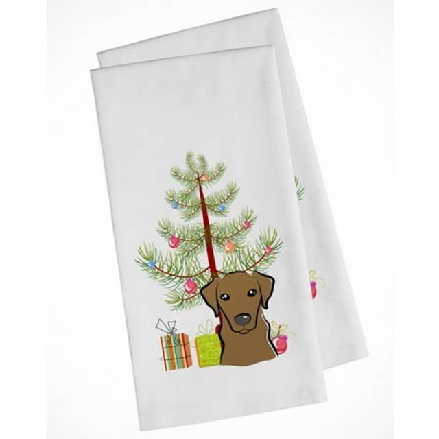 Christmas Tree and Chocolate Labrador White Kitchen Towel Set of 2