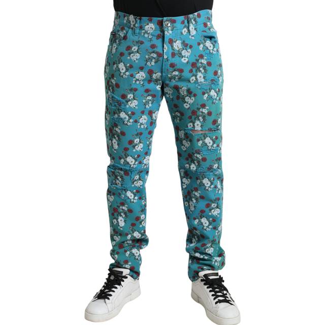 Dolce & Gabbana Blue Floral Print Skinny Cotton Denim Pants - IT46 | S
