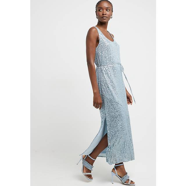 River Island Womens Blue Sequin Tie Waist Slip Midi Dress - 14