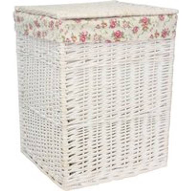 Square White Wash Wicker Laundry Basket Rose Lining - Small