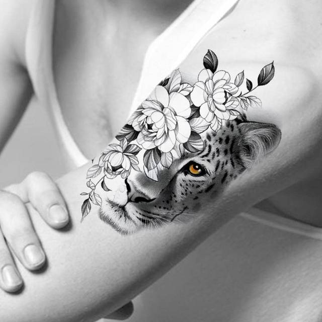 Tillfälligt tatueringsklistermärke i papper, 1 st Sexig Leopard vattentät tatueringsklistermärke för män och kvinna, engångsneutral rosvattenöverförin - Svart