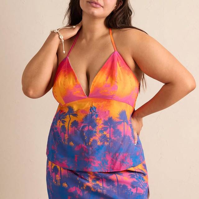 SHEIN Plus Size Women&#39;s Palm Tree Printed Halter Neck Tie Tank Top