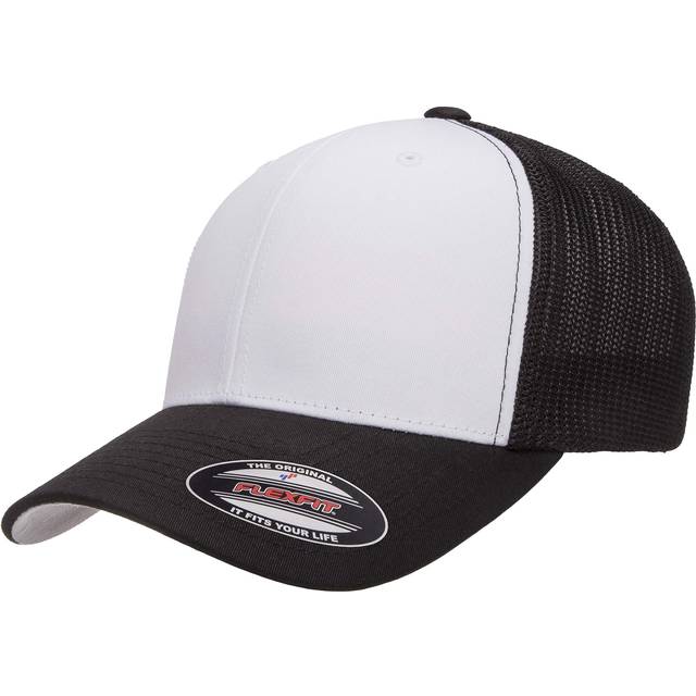 Flexfit Unisex-Adult's Trucker Mesh Front Panels Cap, Black/White/Black, One Size