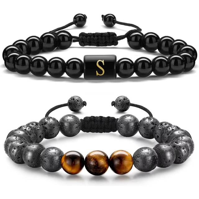 STORUP Mens Bracelet Gifts for Boyfriend  Initial Tiger Eye Obsidian Beaded Bracelets Personalized Bracelets Birthday Jewelry Gifts for Men (S)