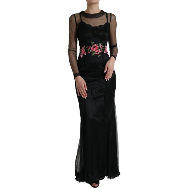 Dolce & Gabbana Black Floral Embroidery Mesh Tulle Gown Dress - IT40|S