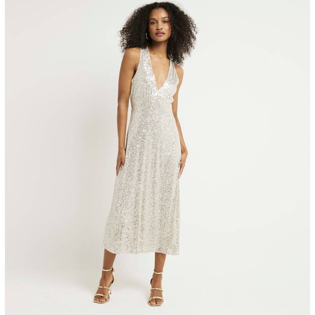 River Island Womens Silver Sequin Slip Midi Dress - 8