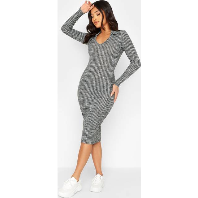 Pixiegirl Grey Ribbed Collar Bodycon Midi Dress 16 Pixiegirl | Petite Women's Midi Dresses