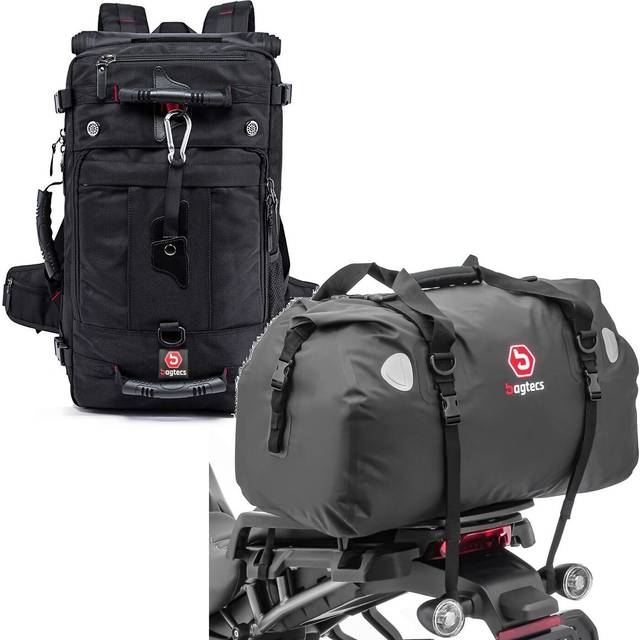 Set: Motorrad Rucksack HK4 Hecktasche 45Ltr in sw Bagtecs mit Motorrad Hecktasche Drybag XF60 Wasserdicht Volumen 60l