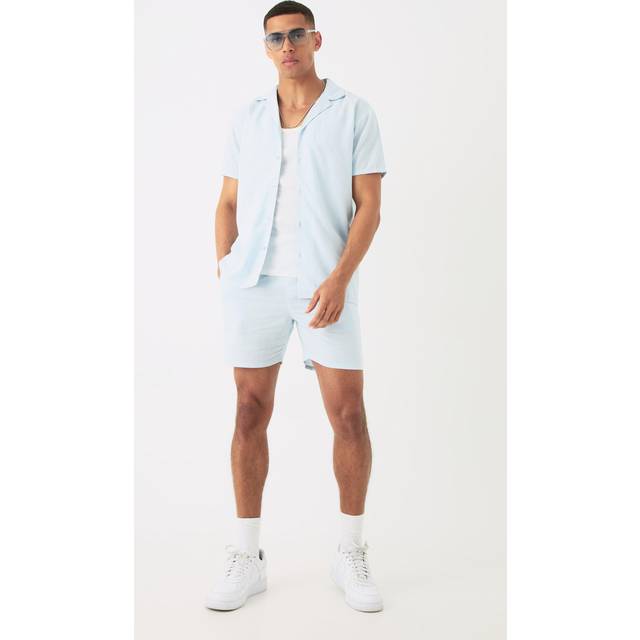 Mens Blue Regular Revere Linen Blend Shirt & Short Set