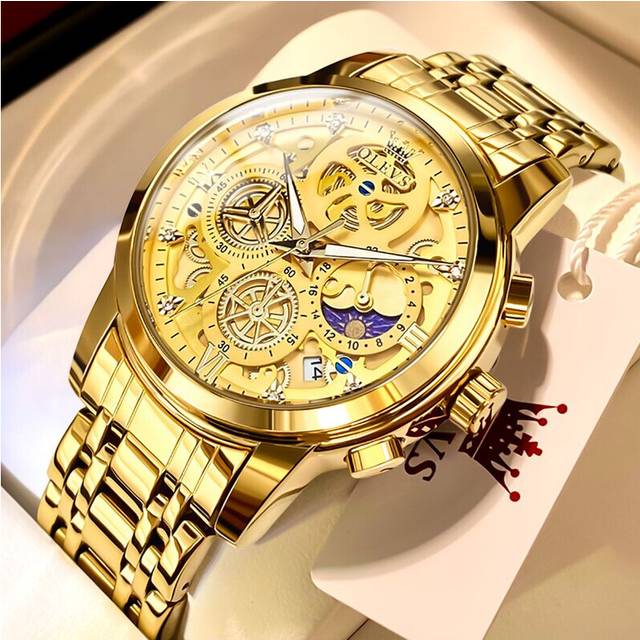 (all gold) OLEVS Men's Watches Top Brand Luxury Original Waterproof Quartz Watch for Man Gold Skeleton Style 24 Hour Day Night New Watches