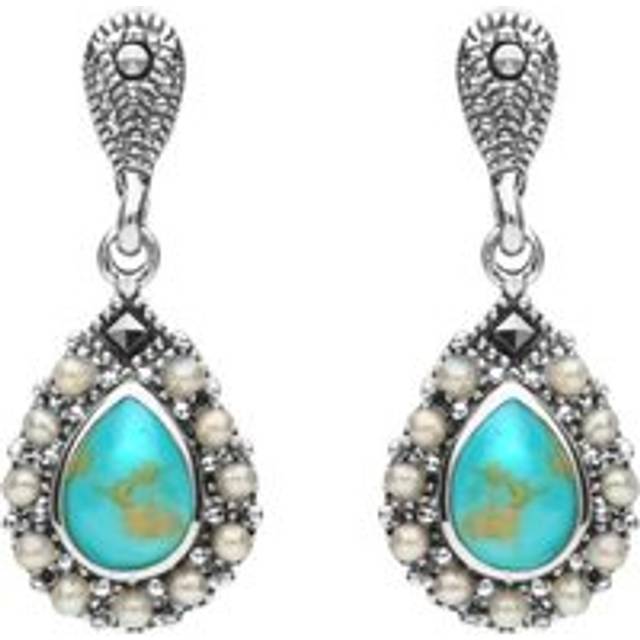 Sterling Silver Turquoise Marcasite Pearl Round Edge Bead Drop Earrings - Silver