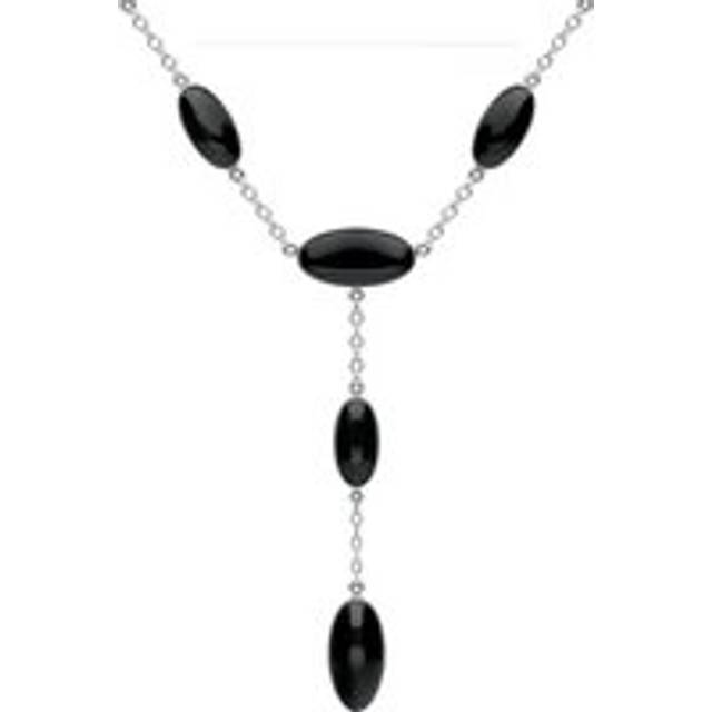 Sterling Silver Whitby Jet Long Oval Dropper Necklace - Silver