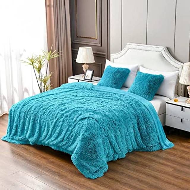 YUSOKI Teal Queen Faux Fur Blanket 2 Layers 90x90 without Pillows Big Soft Plush Fuzzy Large Warm Fluffy Throw Blanket for B