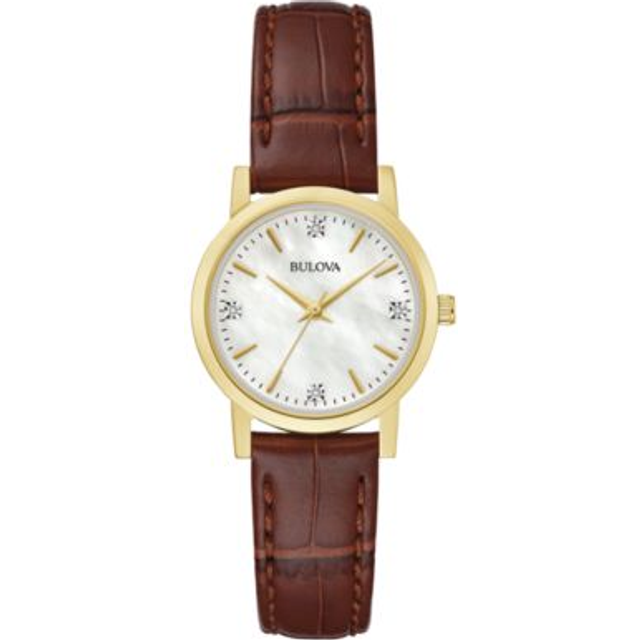Bulova Ladies' Classic Diamond Gold Stainless Steel 3-Hand Quartz Watch  Brown Leather Strap  27mm Style: 97P170