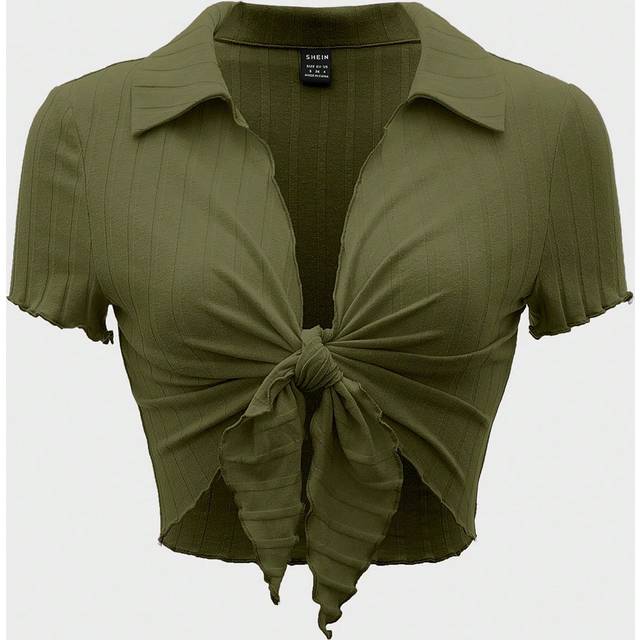 SHEIN Tie Front Lettuce Trim Crop Tee