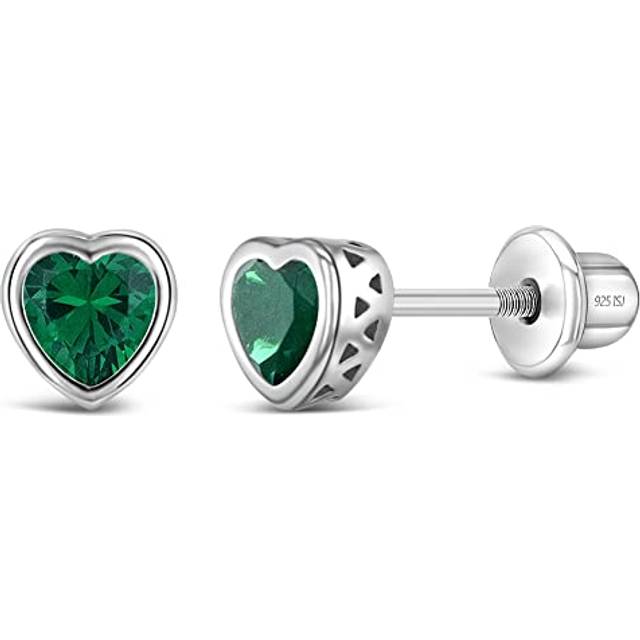 925 Sterling Silver 5mm Simulated Emerald Birthstone Heart Screw Back