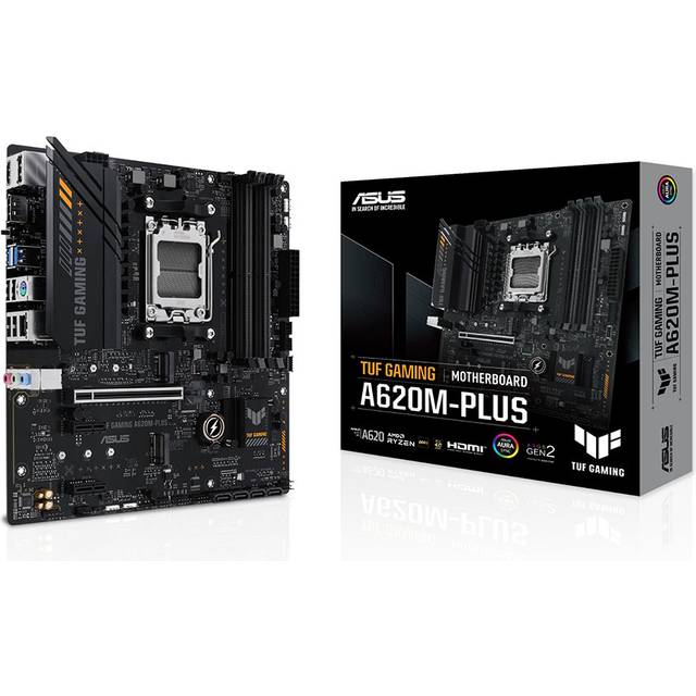 ASUS TUF GAMING A620M-PLUS - AMD AM5 A620 microATX moderkort (DDR5, PCIe 4.0, 2 x M.2, Realtek 2.5Gb Ethernet, 2 x DisplayPort, HDMI, USB 3.2 Gen 1, SATA 6 Gbps, M.2 Q-Latch, Arua Sync RGB)