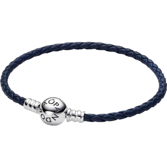Pandora Bracelets Pandora Moments Blue Braided Leather Bracelet with Round Clasp 592790C01-S3