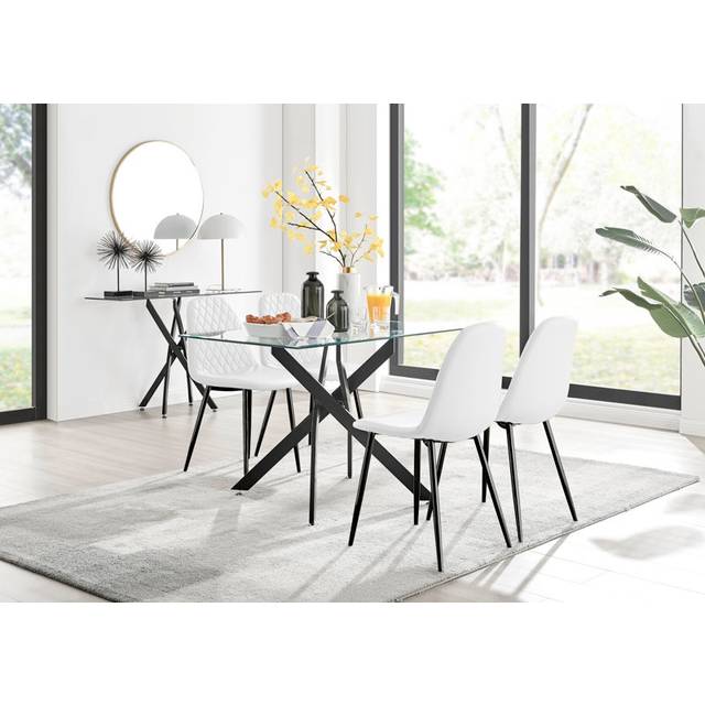 Leonardo Black Leg Glass Dining Table With Four Corona Black Leg Chairs - White