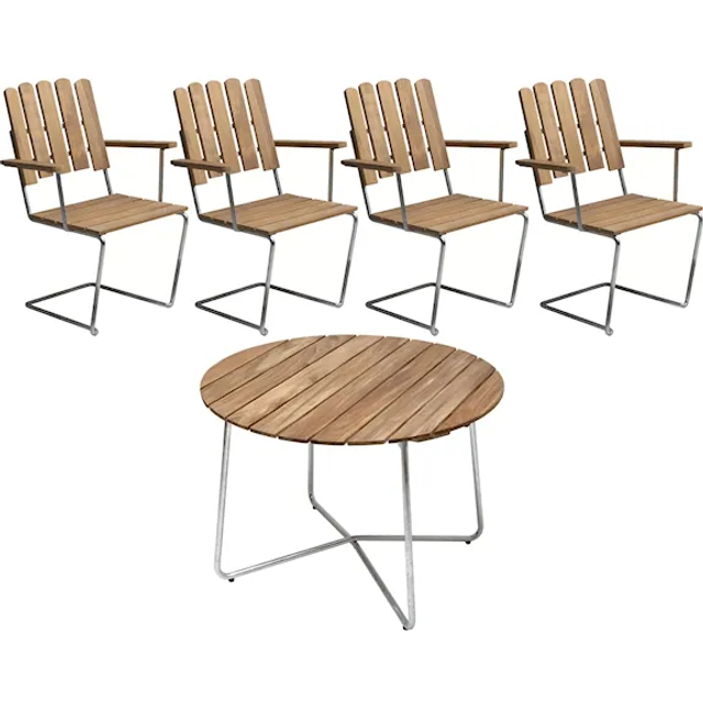Grythyttan Stålmöbler - Klassikerserien - 9A Bord &amp; 4 st A2 Fåtöljer Teak - Matgrupper utomhus