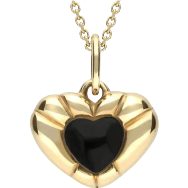 9ct Yellow Gold Whitby Jet Ridged Heart Necklace - Yellow Gold