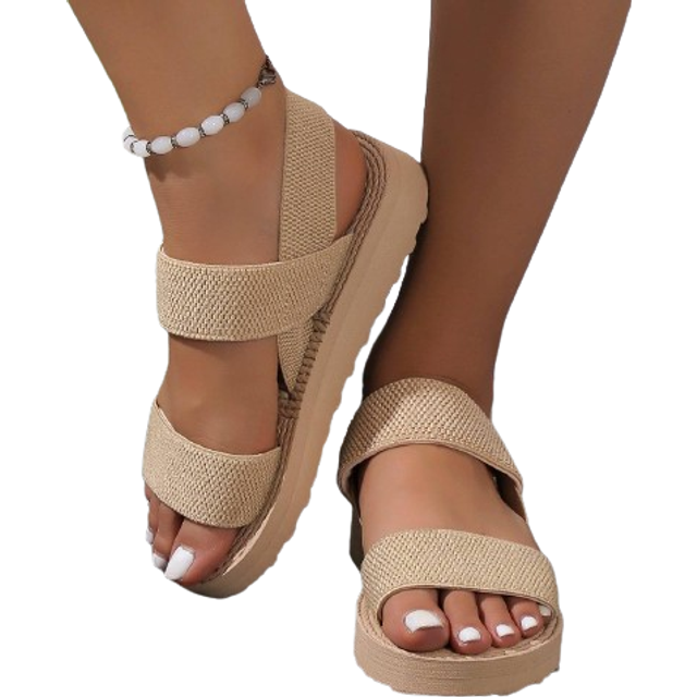 SHEIN Mid-Heel Beige Imitation Linen Sandals For Women, Fashionable And Lightweight For Outdoor, Beach, And Daily Wear, Ladies Simple Summer/Autumn Slippers