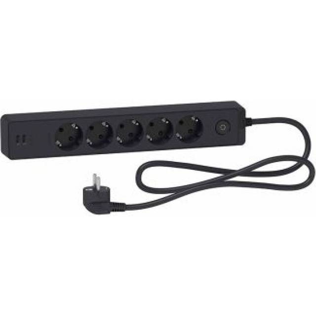 Schneider Unica Grenuttag 5-vägs+2xUSB Jordat 1,5m kabel Antracit