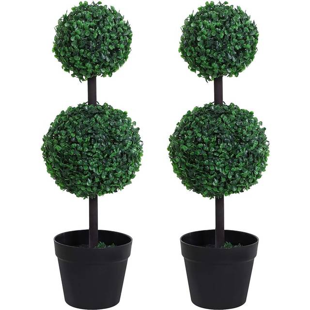 HOMCOM Set Of 2 Artificial Double Ball Trees In Pots, Green