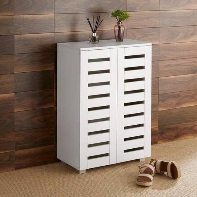 (White) Home Source Oslo 2 Door Slatted Shoe Cabinet Storage Unit