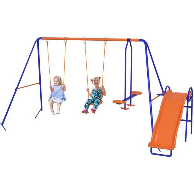 Outsunny 4 in 1 Metal Kids Swing Set with Double Swings, Multi