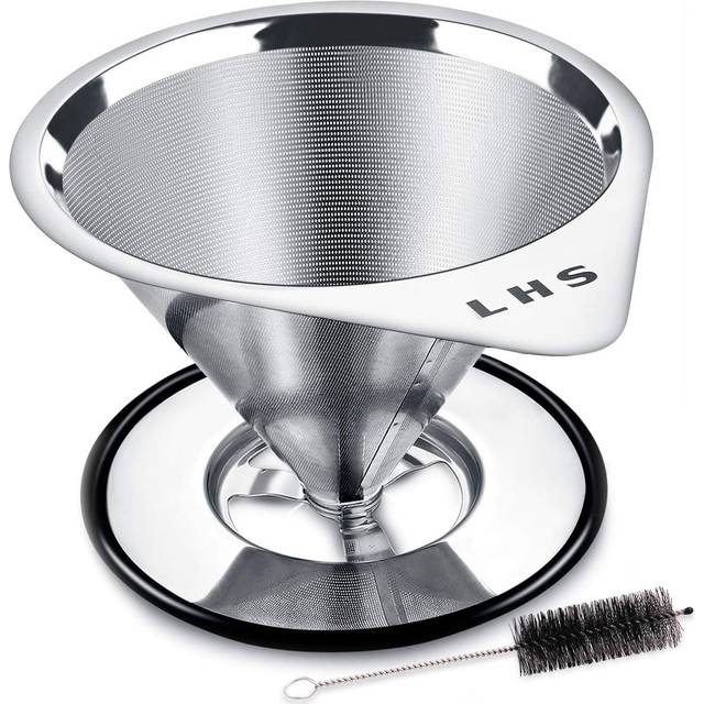 LHS Pour Over Coffee Dripper Stainless Steel Coffee Filter Metal Cone Filter Paperless Reusable Coffee Filter Single Cup Coffee Maker 1-2 Cup With Non