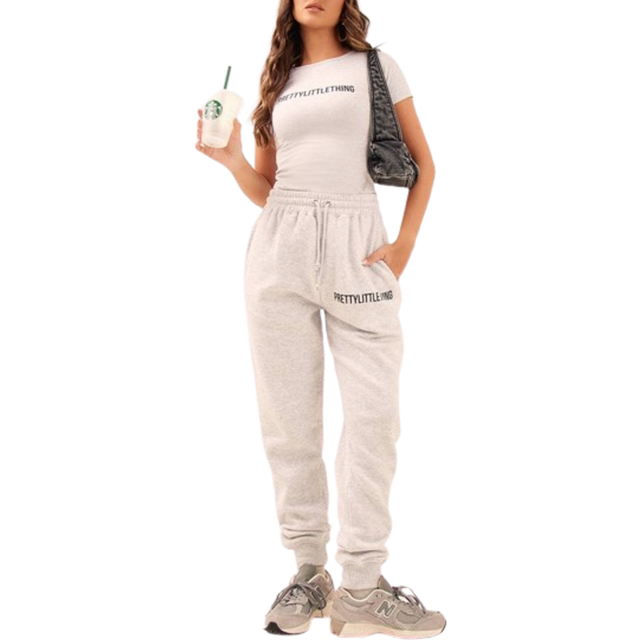 PRETTYLITTLETHING Ash Grey Logo High Waisted Cuffed Joggers, Ash Grey - S