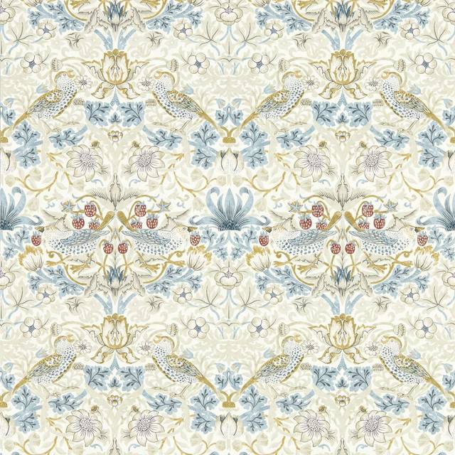 William Morris Strawberry Thief Wallpaper Linen Grey and Plum W0171/03